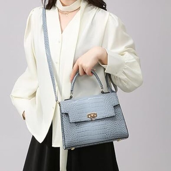 Neiman Marcus Blue Crocodile Pattern Top Handle Bag with Gold Hardware - Picture 1 of 3